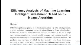 Efficiency Analysis of Machine Learning Intelligent Investment Based on K Means Algorithm [upl. by Thornton]