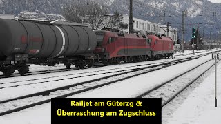 Wörgl Hbf Güterzug mit Railjet Taurus amp Zugschluss Spezial am 08122023 [upl. by Kynthia]