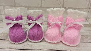 Нарядные пинетки на девочку вязаные спицамиbooties knittingStiefeletten stricken [upl. by Llirrem]