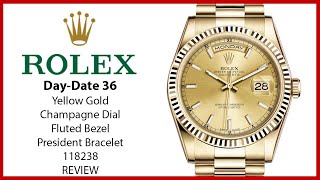 ▶ Rolex DayDate 36 Yellow Gold Champagne Index Dial Fluted Bezel President Bracelet 118238  REVIEW [upl. by Melva]