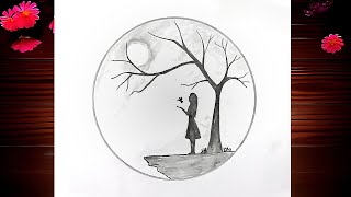 Girl Drawing With Butterfly in Moonlight Night  Draw A Girl In Moonlight Night  Circle Drawing [upl. by Sualkcin]