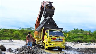 Sand Mining Excavator And Dump Trucks On The River [upl. by Ahl]