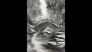 Draw amp Shade a Simple Landscape  Lake Bridge Trees Charcoal Art  Easy Step by Step for Beginners [upl. by Atirrehs]