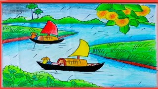 সহজে বর্ষাকালে দৃশ্য আঁকা। [upl. by Lasorella]