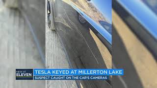 Teslas camera captures man vandalizing vehicle in California [upl. by Milissent]