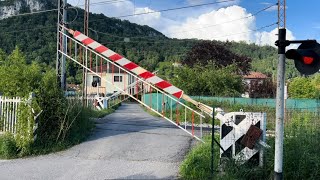 TRENO CON STROMBAZZATA LUNGHISSIMA E FRENATA IMPROVVISA al passaggio a livello di LEGGIUNO [upl. by Annaehr]