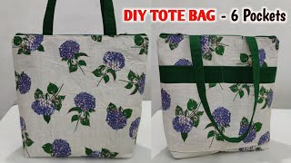 DIY TOTE BAG  6 POCKETS  How to a make cloth bags at home  Bag making  How to make a bag at home [upl. by Dollie]