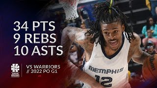 Ja Morant 34 pts 9 rebs 10 asts vs Warriors 2022 PO G1 [upl. by Ynavoj991]