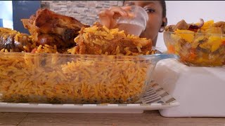 Asmr Mukbang delicious Nigerian jollof rice turkey and goat meat with gizzard sauce [upl. by Nolly]