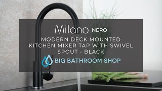 Milano Nero  Modern Deck Mounted Kitchen Mixer Tap with Swivel Spout  Big Bathroom Shop [upl. by Aretse]