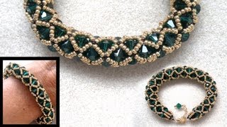 Netted beaded bracelet with 6mm Swarovski and seedbeads beading tutorial [upl. by Chemesh63]