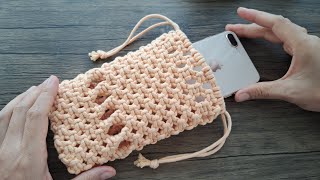 Super easy DIY Macrame phone bag  drawstring bag  Basic knot [upl. by Bashuk]