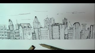 How to draw a panoramic city skyline or cityscape with buildings [upl. by Wahs]