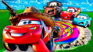 RAINBOW PIT Transform In Big amp Small Police Lightning McQueen vs Cowboy Lightning McQueen  BeamNG [upl. by Lovash]