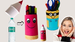 DIY Magic 2 PenPencil Holder Craft Using Plastic Bottles  how to make a pen holder [upl. by Illek]