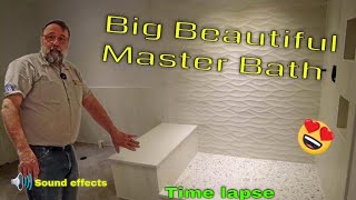 Master bathroom with combination of huge wavy and flat tiles heated herringbone tile floor Sound [upl. by Nah]