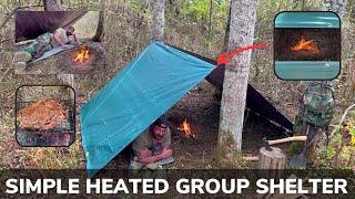 Solo Overnight Building a Simple Heated Group Shelter in the Woods and Campfire Ribeye Steak [upl. by Moyra]