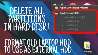 FormatDelete all Partitions of Laptop hard disk to use as External HDD [upl. by Mauceri]