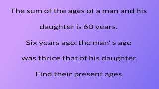 The sum of the ages of a man and his daughter is 60 years Six years ago the mans age was [upl. by Bergmans]