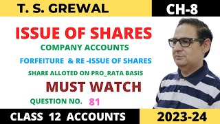 ISSUE OF SHARES TSGrewal ch8 Que no 81Forfeiture amp Reissue of shares Alloted on Pro Rata Basis [upl. by Hcurab]