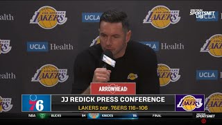 Postgame Coach JJ Redick talk to media after Lakers beat 76ers in 1st look with new starting lineup [upl. by Emelyne]