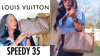 LOUIS VUITTON SPEEDY 35 REVIEW What Fits Inside Too Big For A Short Person [upl. by Zielsdorf]