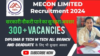 MECON Limited Recruitment 2024  Today latest Govt Jobs for BTECH Diploma Engineering all branch [upl. by Evatsug]