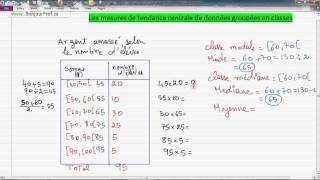 Secondaire 3 Québec Statistique  78 moyenne médiane et mode de données groupées en classes [upl. by Criswell366]