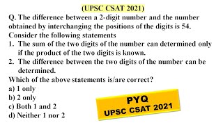 The difference between a 2digit number and the number obtained by int  UPSC CSAT PYQ SERIES  2021 [upl. by Dutch]