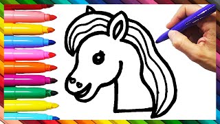 How To Draw A Horse Head 🐴 Drawing And Coloring A Cute Horse 🐎🌈 Drawings For Kids [upl. by Berghoff]