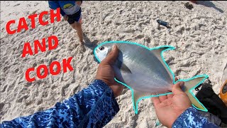 Surf Fishing for Pompano in Gulf Shores Alabama CATCH amp COOK [upl. by Auhsuoj]