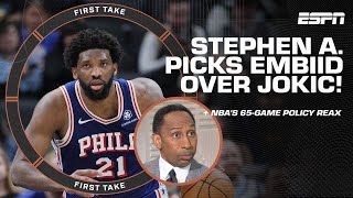 Stephen A PICKS EMBIID OVER JOKIĆ 👀 and GOES BALLISTIC on the NBAs 65game policy 🤯  First Take [upl. by Marline603]