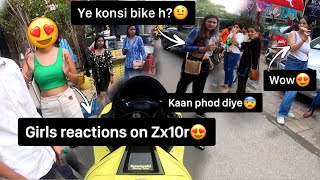 College girls reactions on Zx10r😍  Girls got scared in Market 😨  Wheelie on Zx10r 😍 [upl. by Hawger946]