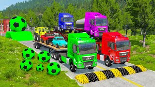 Double Flatbed Trailer Truck vs Speedbumps Train vs Cars BeamngDrive 7 [upl. by Otrebliw]