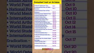 Important Days of October National and International Days October Days generalknowledge gk [upl. by Kabab]