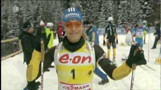 18032012 Biathlon KhantyMansiysk Massenstart Winner DomrachevaLAST RACE of MAGDALENA NEUNER [upl. by Adnaluoy]