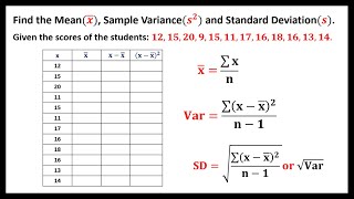 SAMPLE MEAN VARIANCE AND STANDARD DEVIATION FOR UNGROUPED DATA [upl. by Jason524]