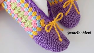 EMELHOBİEVİ TASARIMIDIR  HanimDilendiBeyBegendi Motifli Patik YapimiGranny Square Crochet Slippers [upl. by Sup159]