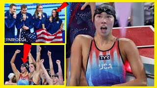 USA breaks world record wins swimming Olympic gold in womens medley relayjapenese reporter [upl. by Hadeis]