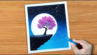 Drawing with oil pastel  Moonlight night scenery drawing shorts [upl. by Fadil]