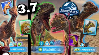 JURASSIC WORLD ALIVE 37 UPDATE  Lambeosaurus Rajadotholus Sphaerotholus amp Rajatholus [upl. by Aivul710]