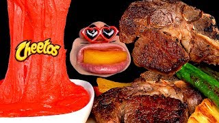 ASMR MUKBANG How to make Cheetos Fondue amp Tomahawk Steak Eating Sounds [upl. by Arodoet130]