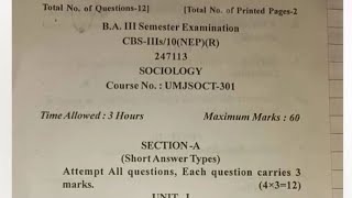 3rd semester NEP sociology major previous years question papers Jammu University [upl. by Elorak]