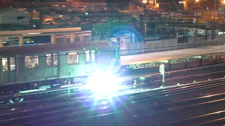 PATH HD 60fps Kawasaki PA5 Trains  Harrison w Bright 3rd Rail Arcing  Night 21917 [upl. by Michon309]