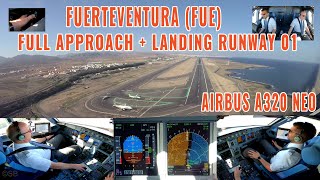 FUERTEVENTURA FUE  Airbus 320 NEO pilots  cockpit  instrument views  approach  landing Rwy 01 [upl. by Amandie]