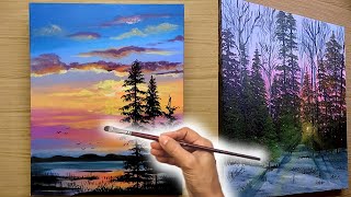 2 Ideas to Paint a Relaxing Landscape with sunset Time LapseAcrylic Painting [upl. by Tjaden497]