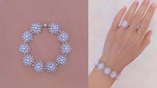 “Snow Crystal” Beaded Bracelet and Beaded Ring with Crystal Bicones and Pearls Beading Tutorial [upl. by Noelopan]