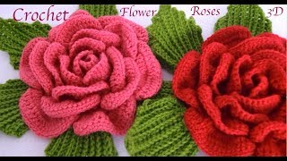 Como hacer flores Rosas gigantes 3D con hojas a Crochet paso a paso tejido tallermanualperu [upl. by Yevreh418]