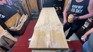 Time Lapse of adding Odies Oil finish to 7 foot Ash live edge slab of wood [upl. by Spatola869]