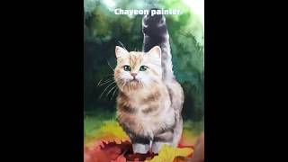 Watercolor painting cat  고양이 수채화 채색shorts [upl. by Gnirps]